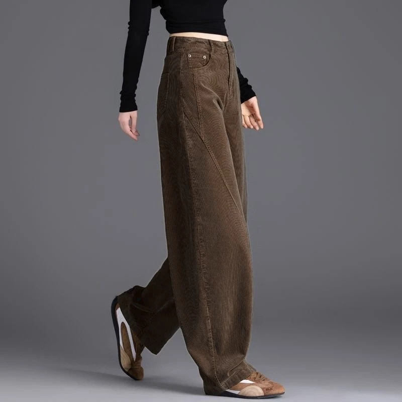 咖啡色灯芯绒裤复古棕秋冬加绒休闲裤女高腰阔腿弯刀裤百搭哈伦裤