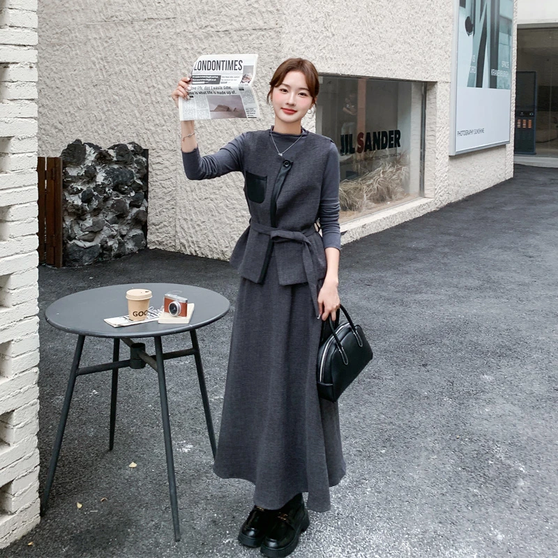 韩系ootd毛呢马甲打底衫半裙套装2025秋冬新款高智感慵懒风三件套