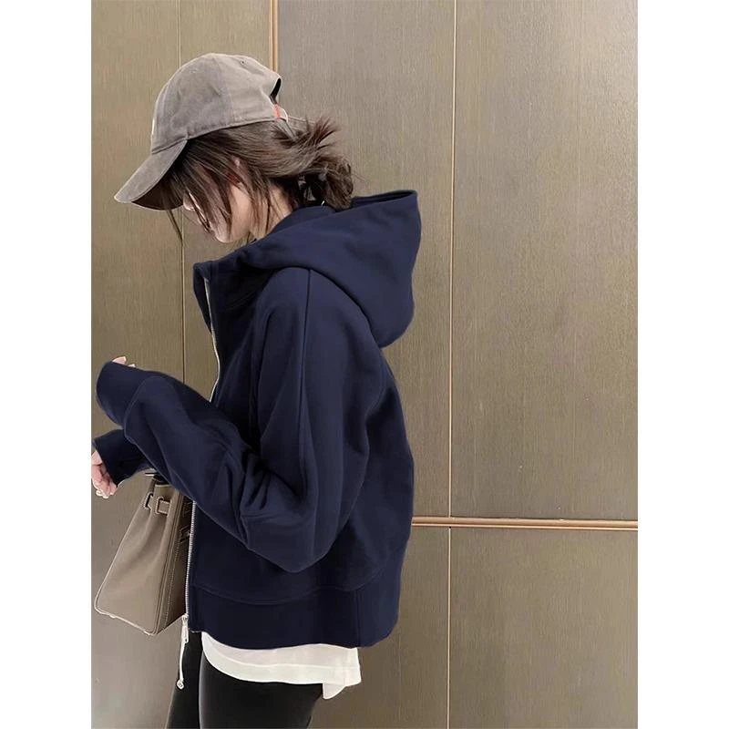 藏蓝色连帽卫衣外套女装秋冬加绒加厚小个子短款拉炼开衫帽衫上衣