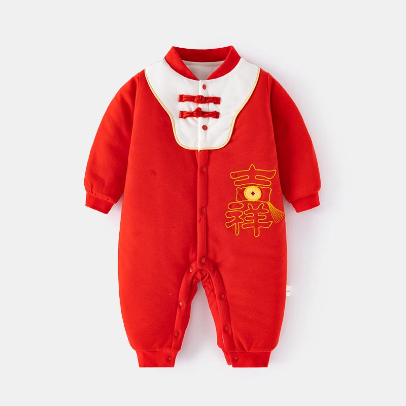 婴儿加棉120克拜年服连体衣女宝夹棉加厚秋冬装大红连身衣爬服