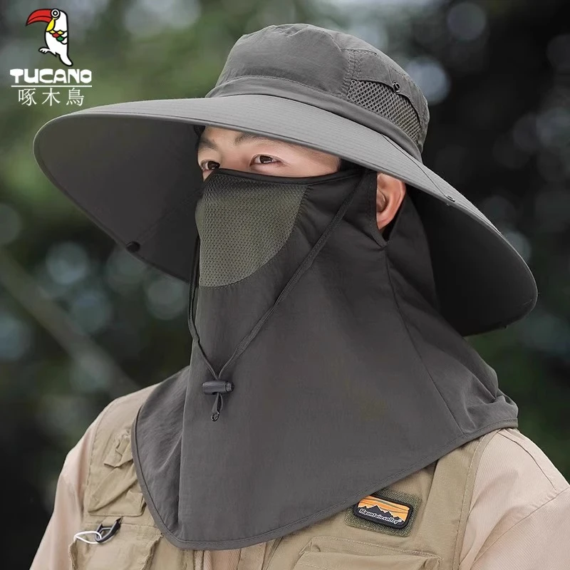 啄木鸟渔夫帽男夏季户外钓鱼遮阳面罩大帽檐防紫外线护颈防晒帽子