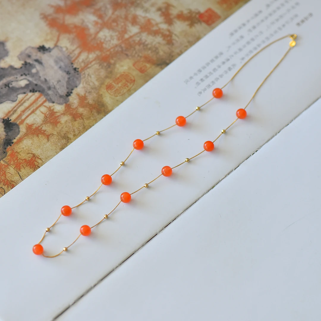 凌云阁 天然南红玛瑙6mm约项链满天星女神链气质时尚百搭