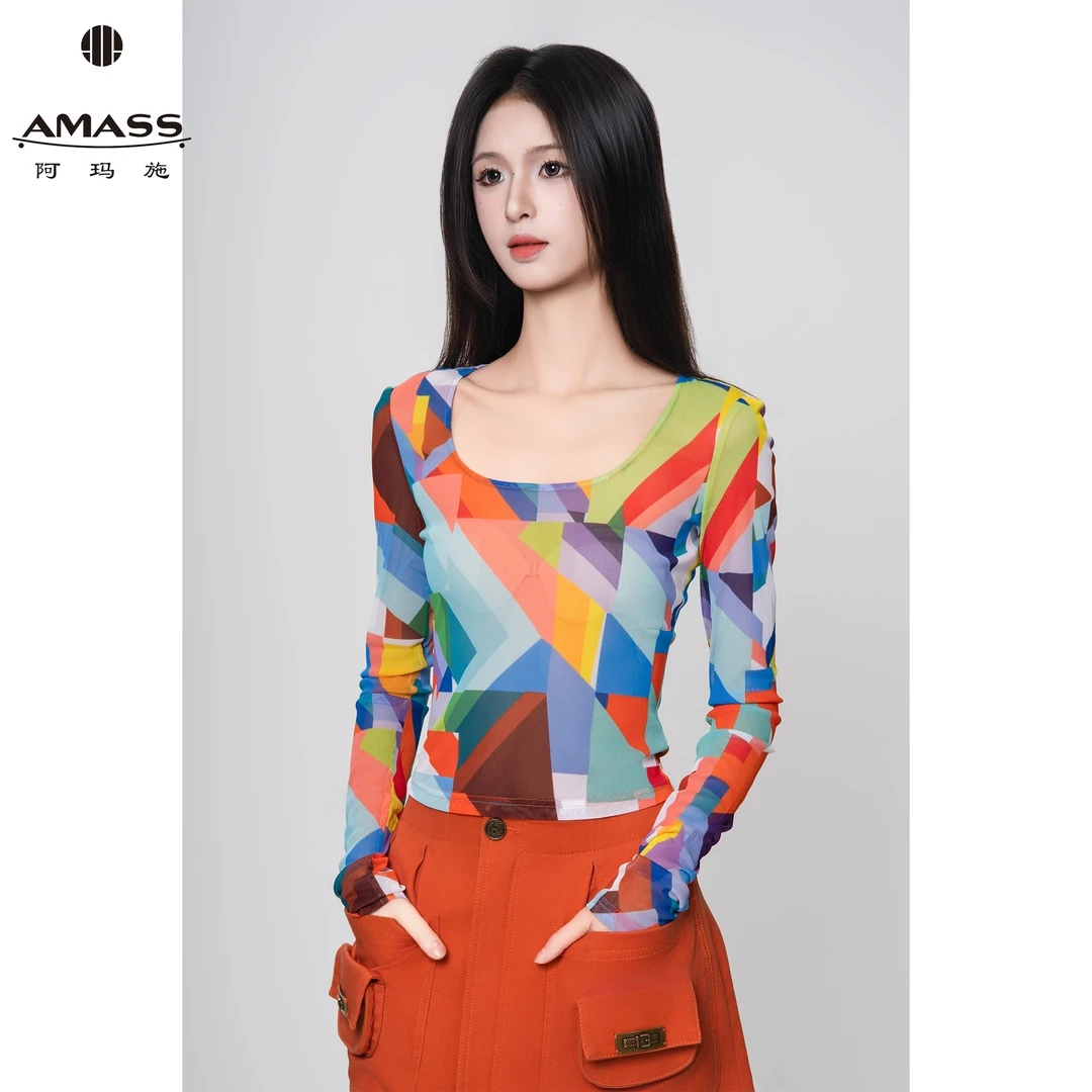 AMASS/阿玛施夏季新款U型领时尚修身打底透气显瘦网纱T恤 5300927