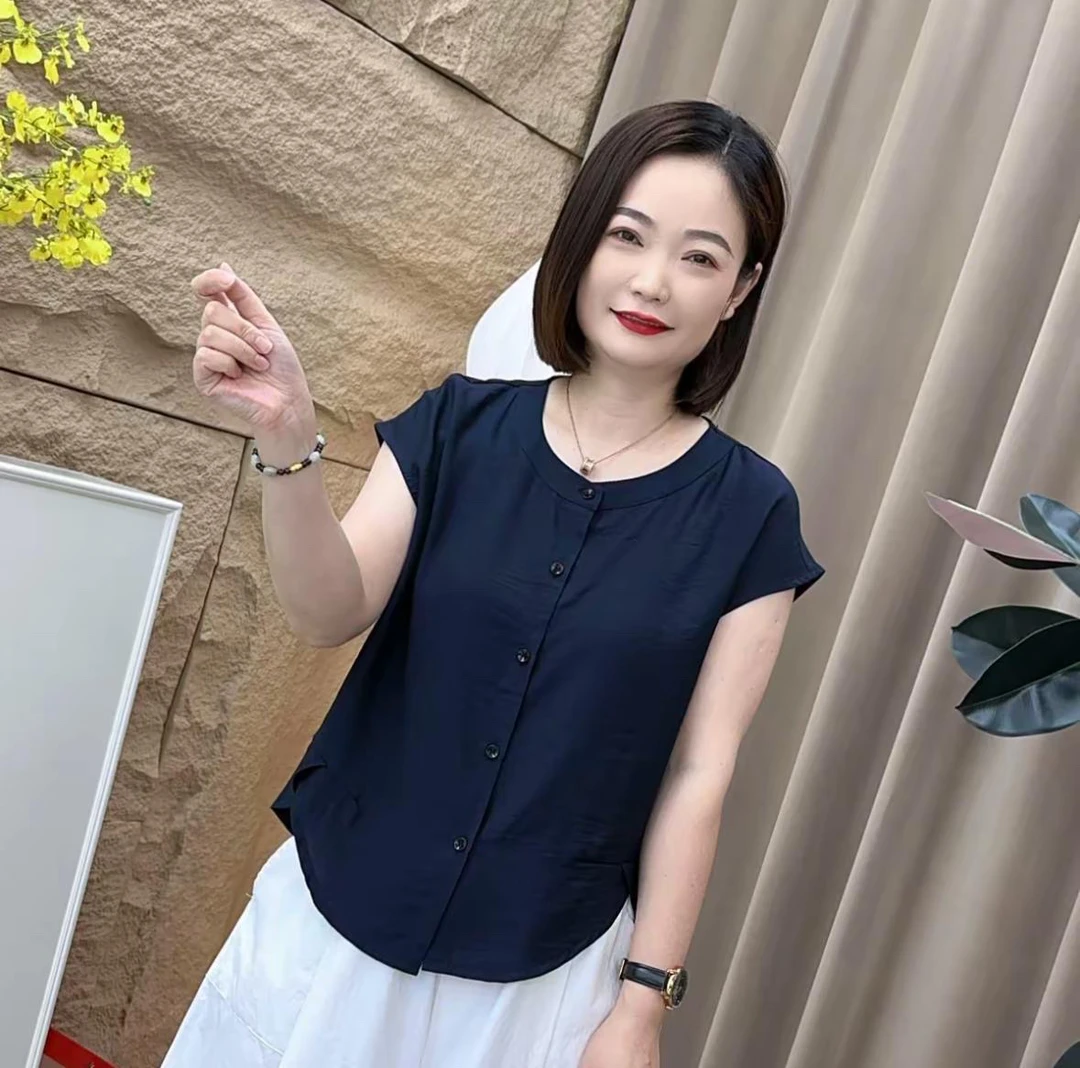 A68休闲女士宽松短款衬衫t恤夏季休闲风纽扣圆领纯色百搭时尚气质