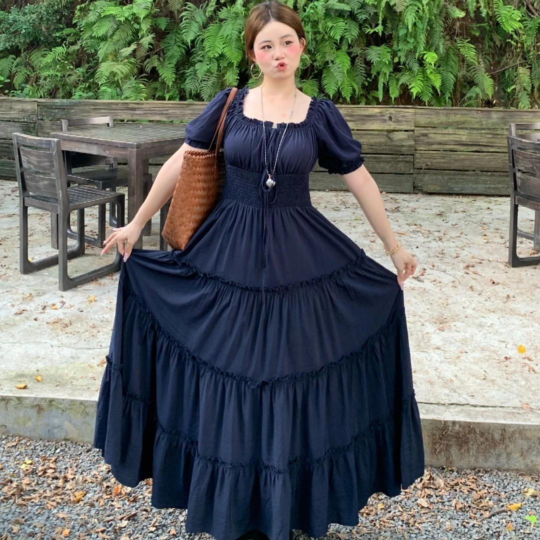 江江【蓝山咖啡】夏季复古气质温柔风打揽收腰显瘦连衣裙-S1273