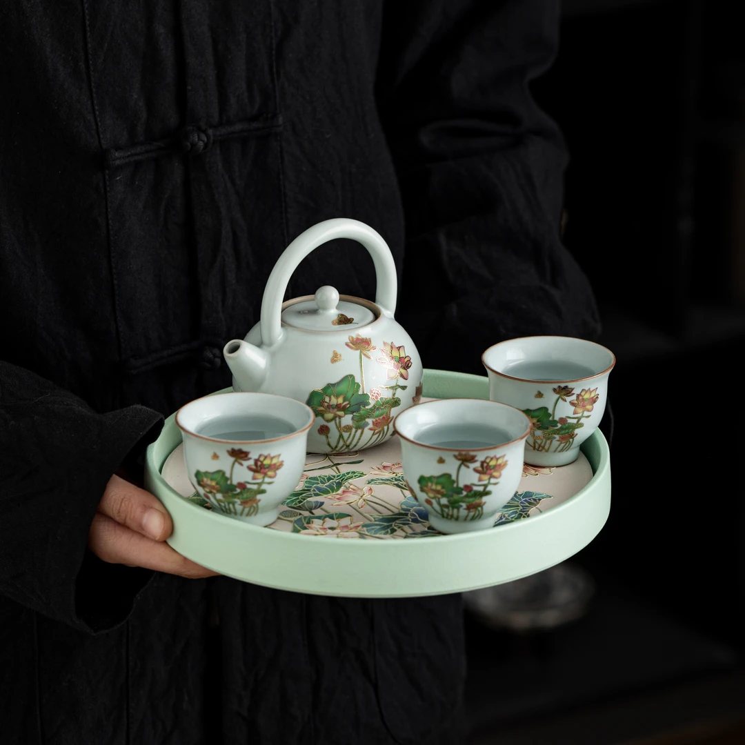 天青汝窑荷花提梁壶