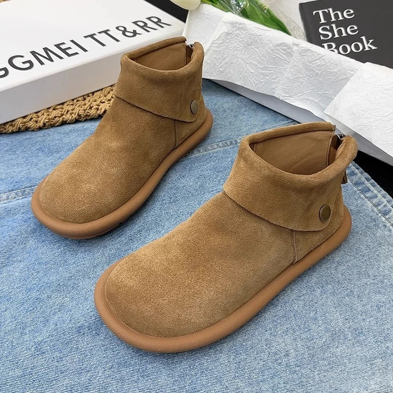 大头博肯短靴女厚底单靴2024秋季新款磨砂皮复古女靴后拉链马丁靴