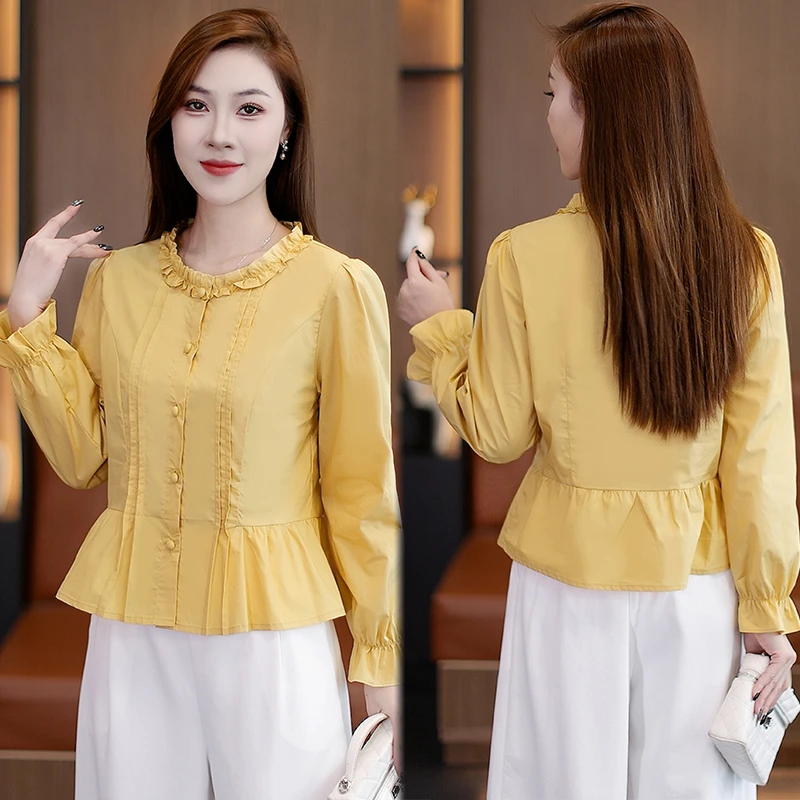 早秋新款法式木耳百年长袖衬衫女2025秋季洋气减龄百搭圆领上衣潮