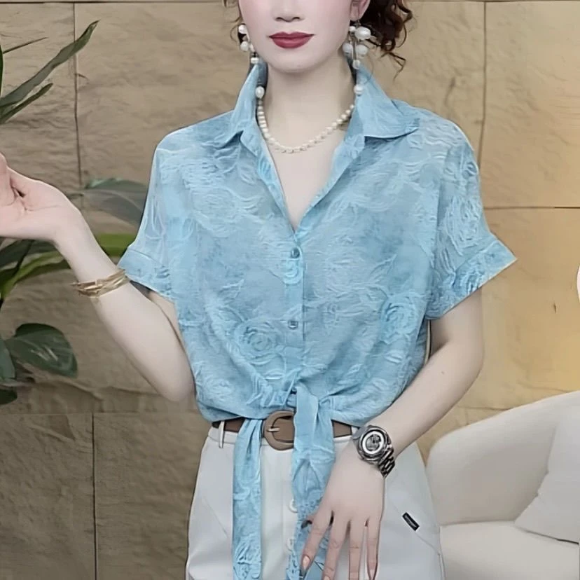 呼吸感清爽洋气印花雪纺衬衫女夏季清凉透气短袖宽松显瘦系带上衣