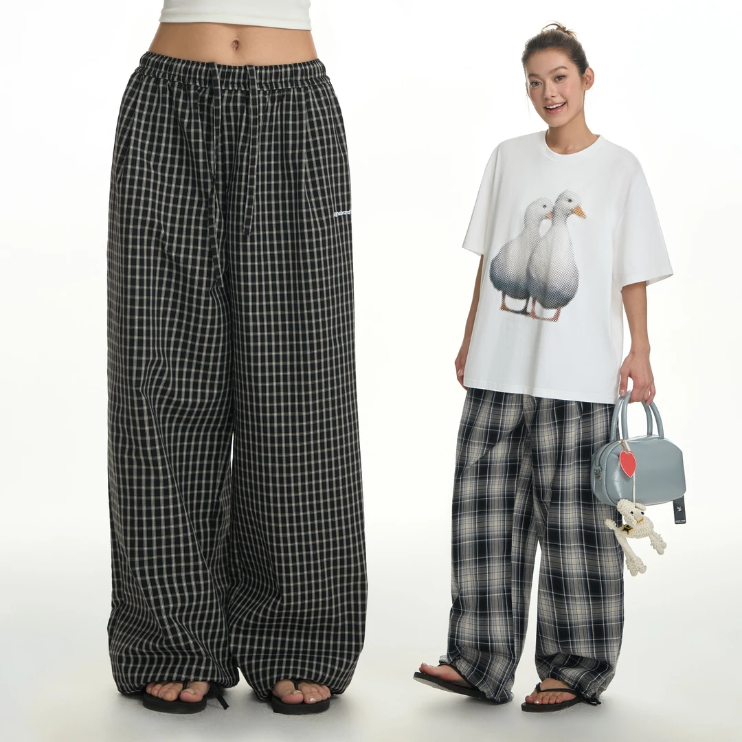 TGNS格子裤男女春季阔腿裤复古宽松休闲格纹长裤垂感拖地工装裤子