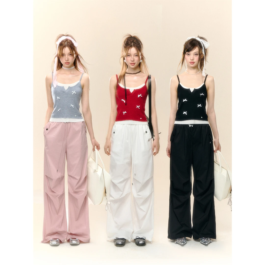 4320 AsGony美式抽绳降落伞松紧腰头宽松休闲百搭阔腿工装裤