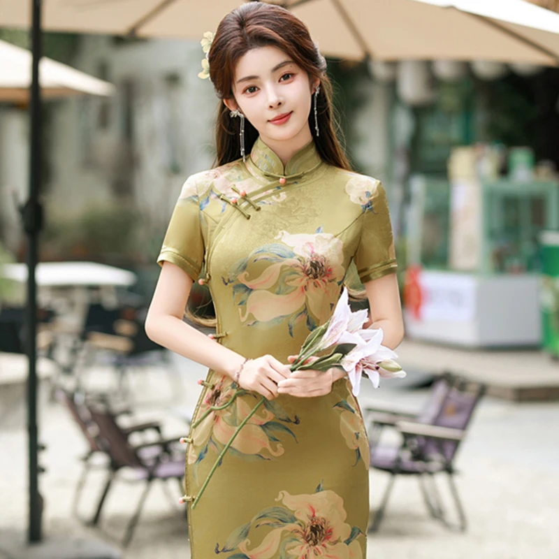 新中式旗袍2025夏季高端老上海素雅国风礼服日常可穿改良金色裙子