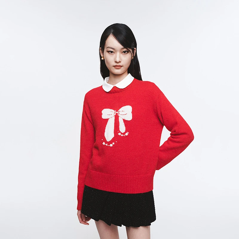 HERLIAN 2025年春季新品撞色蝴蝶结设计圆领针织套头衫