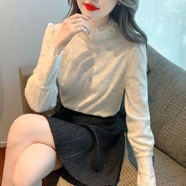 加绒加厚秋冬新款打底衫时尚韩版衬衫气质显瘦蕾丝衫百搭遮肚上衣