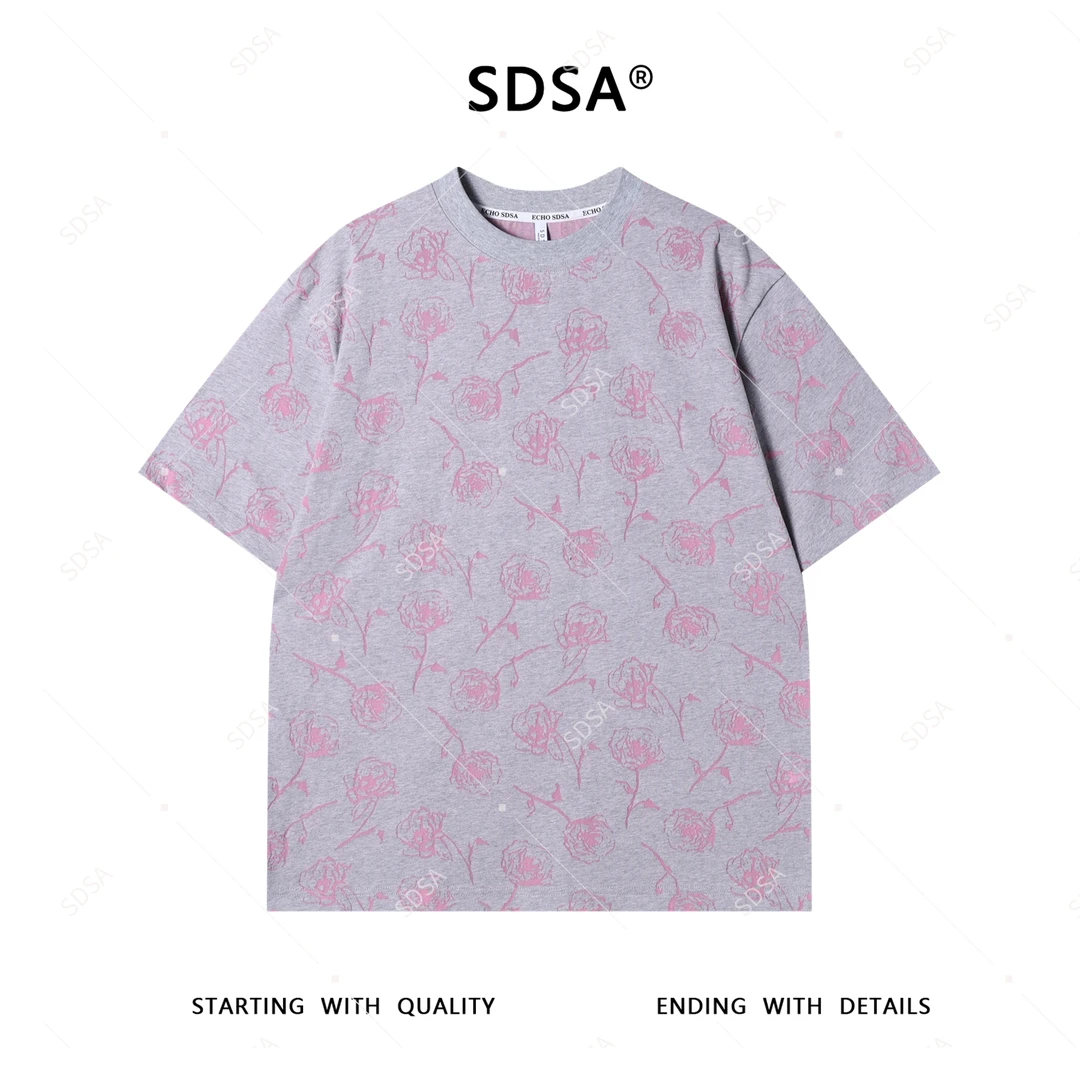 SDSA男士短袖t恤2025新款轻痞帅男装撞色割破玫瑰花设计网红款