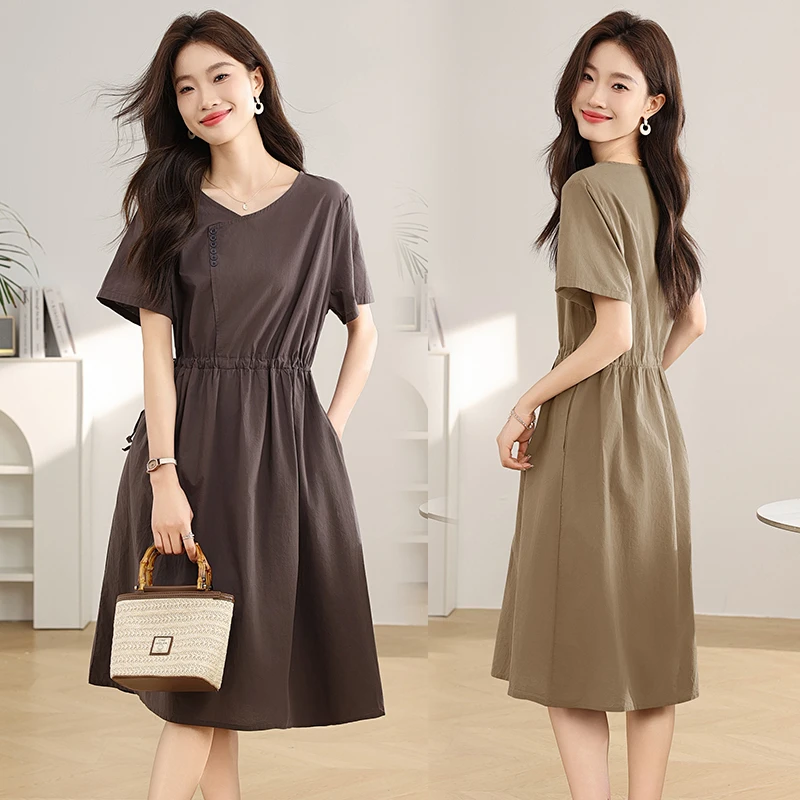 哥弟阿玛施正品素色连衣裙夏季新款2025爆款松紧腰中长棉裙子减龄