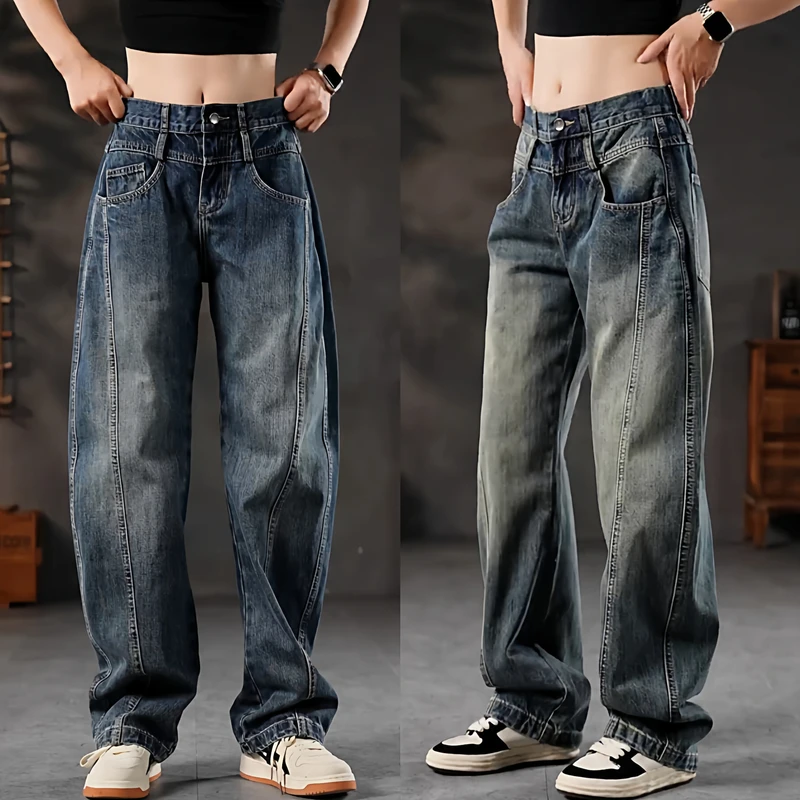 秋季新款美式复古直筒弯刀牛仔裤男潮牌宽松大码百搭休闲阔腿长裤