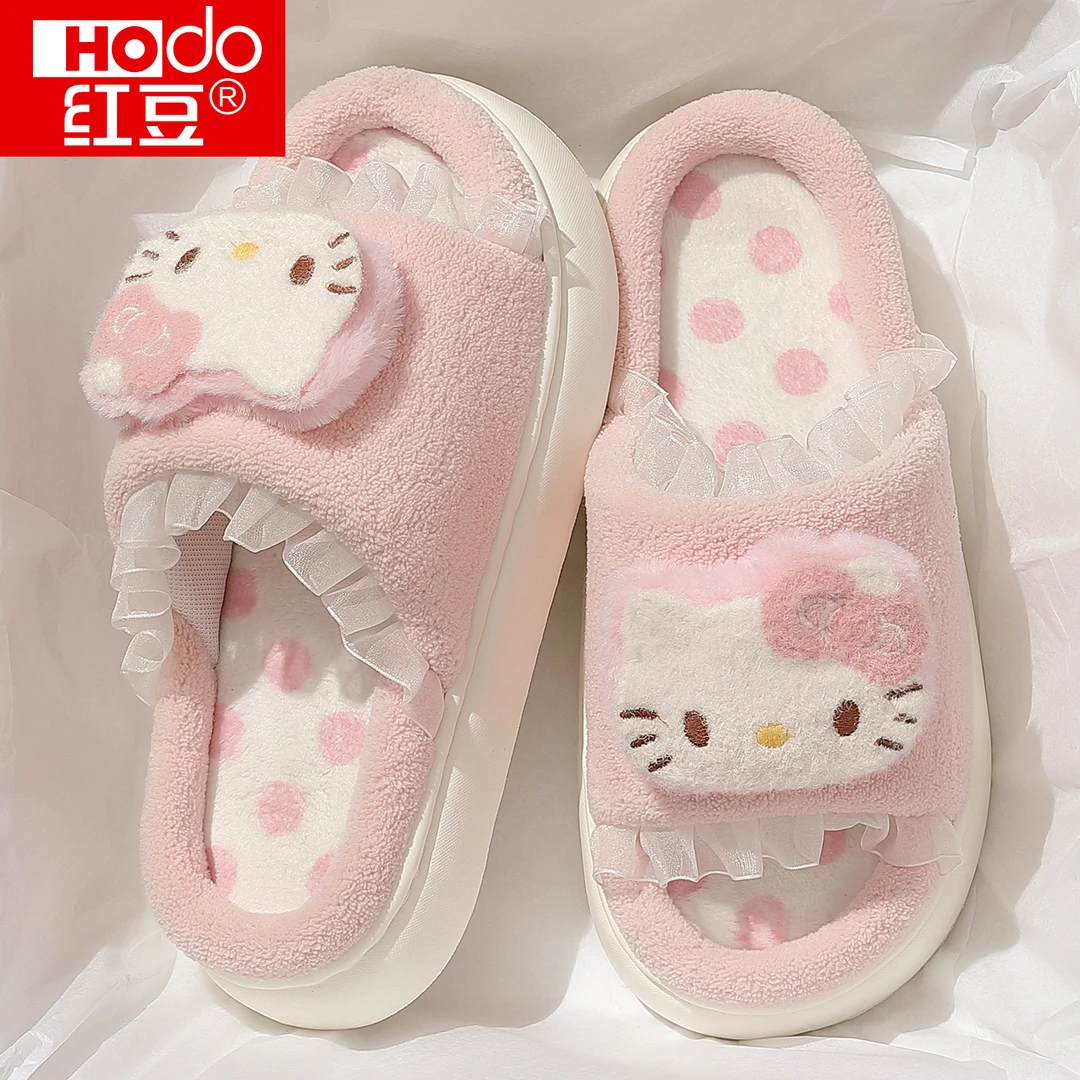 红豆KT猫棉拖鞋女秋冬季2025新款室内家居可爱加绒防滑毛毛拖鞋女