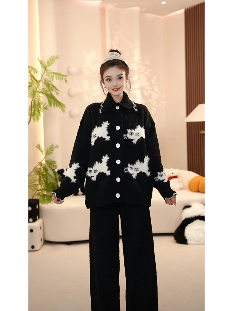 【黑白猫咪】可外穿半边绒时尚冬季家居服加绒加厚软绵绵睡衣套装