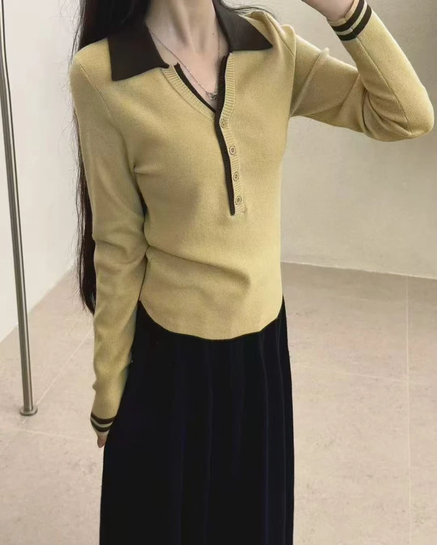 翻领拼色修身女针织秋季毛针织衫时尚撞色polo衫韩系内搭打底衫