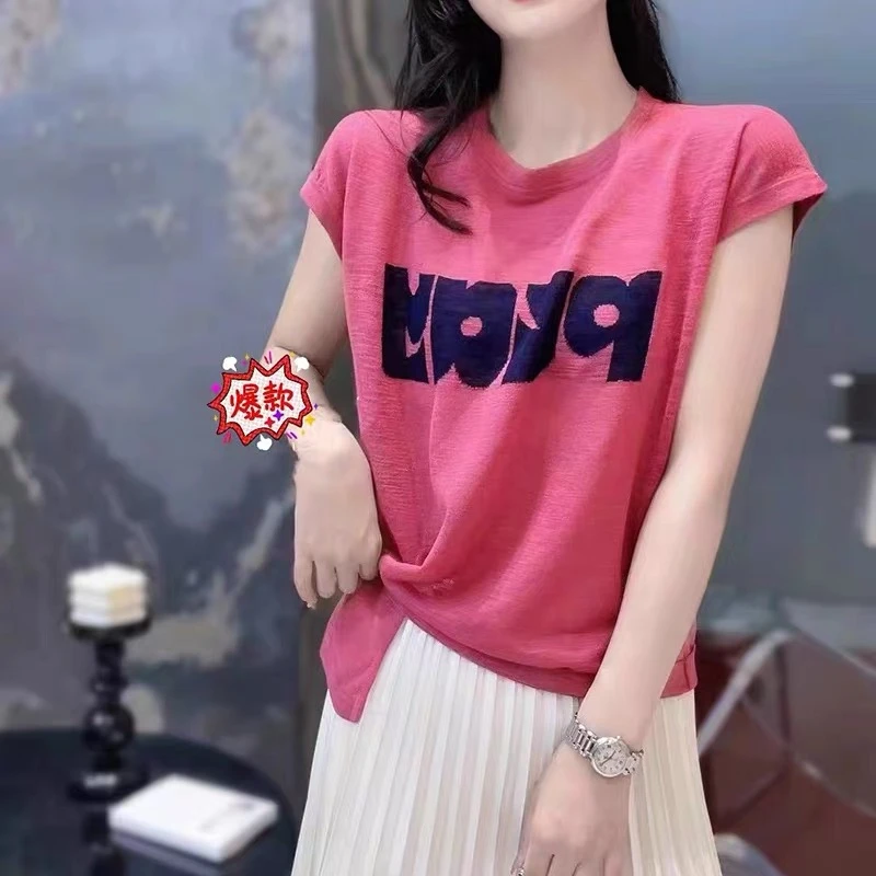 夏季新款洋气百搭高端亚麻冰丝针织小衫字母短袖35-45岁女