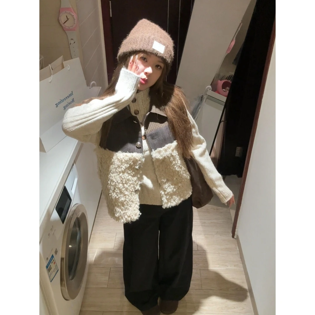 MARIE.COCO秋冬针织打底衣设计感拼接毛绒马甲百搭垂感阔腿裤套装