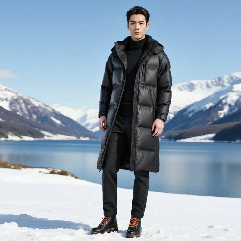 海宁真皮鹅绒服男士过膝长款外穿极简风保暖真皮羽绒服帅气皮衣冬