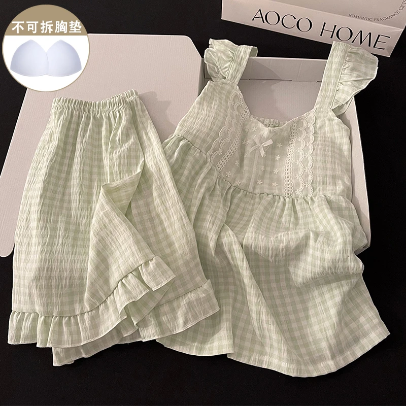 韩系ins风睡衣女夏季绿色格子吊带短裤甜美带胸垫学生家居服套装