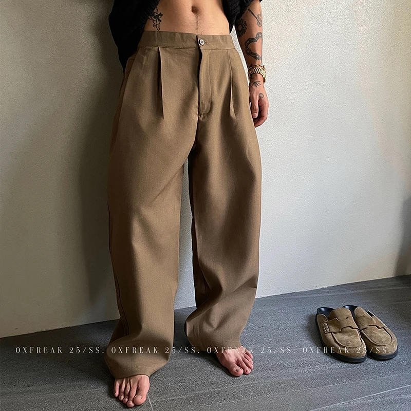 OXFREAK 「立体收褶 TR混纺」深灰色休闲裤男廓形宽松阔腿弯刀裤