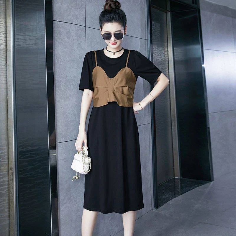 假两件气质连衣裙女夏季2025新款减龄设计感小众宽松遮肚子t恤裙