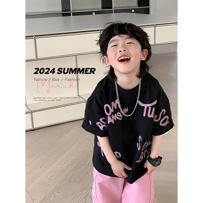 娇娃布迪儿童夏装中大童痞帅纯棉粉黑字母男童短袖t恤2025新款