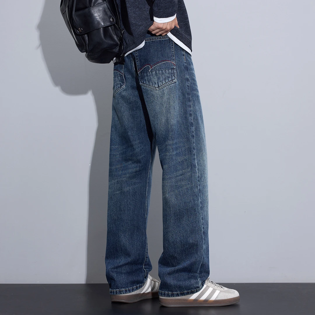 Kuvine美式休闲潮牌阔腿牛仔裤男宽松直筒潮流百搭简约秋季长裤子