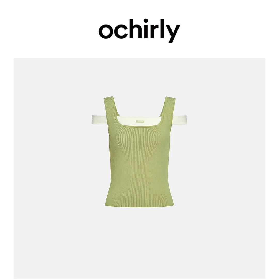 运动风修身针织背心女 ochirly欧时力新款春夏方领织带设计感