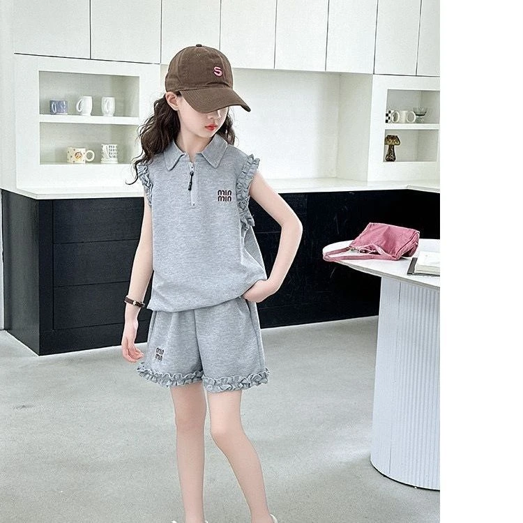 女童无袖短裤套装2025夏季儿童超好看翻领背心学院风时髦洋气炸街