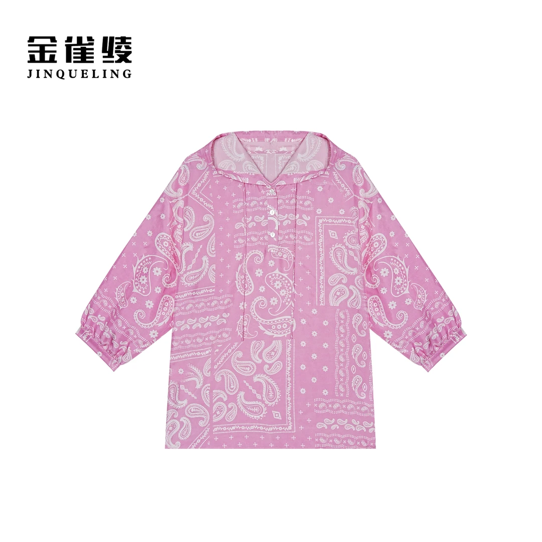 金雀绫【粉腰果】100桑蚕丝连帽印花休闲时尚衬衫SZA1S082