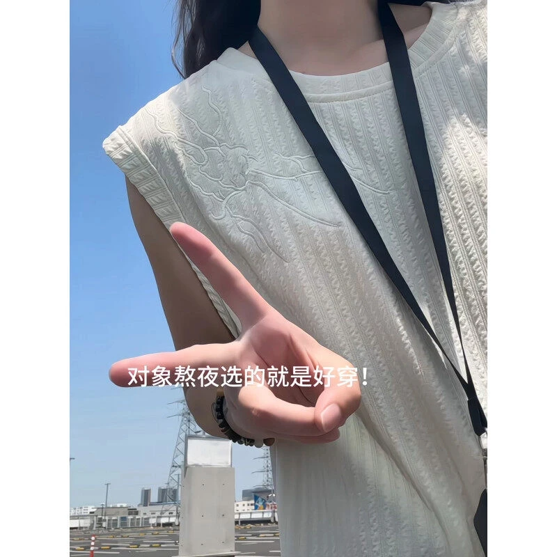 美式刺绣荆棘无袖坎肩t恤男夏季肌理感cleanfit透气清爽情侣背心