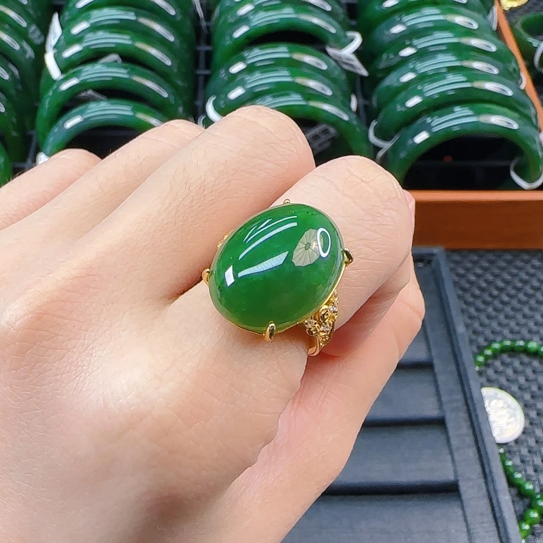 银S925镶嵌戒指和田玉碧玉大鸽子蛋戒指卡20