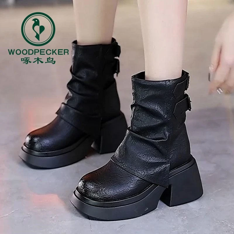 啄木鸟新款时尚松糕厚底马丁靴百搭皮靴显瘦皮带扣堆堆裤管靴女鞋