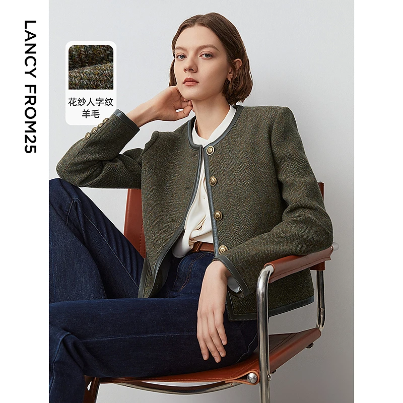 朗姿纯羊毛复古设计感小香风短款外套高级感上衣女2024年冬季新款