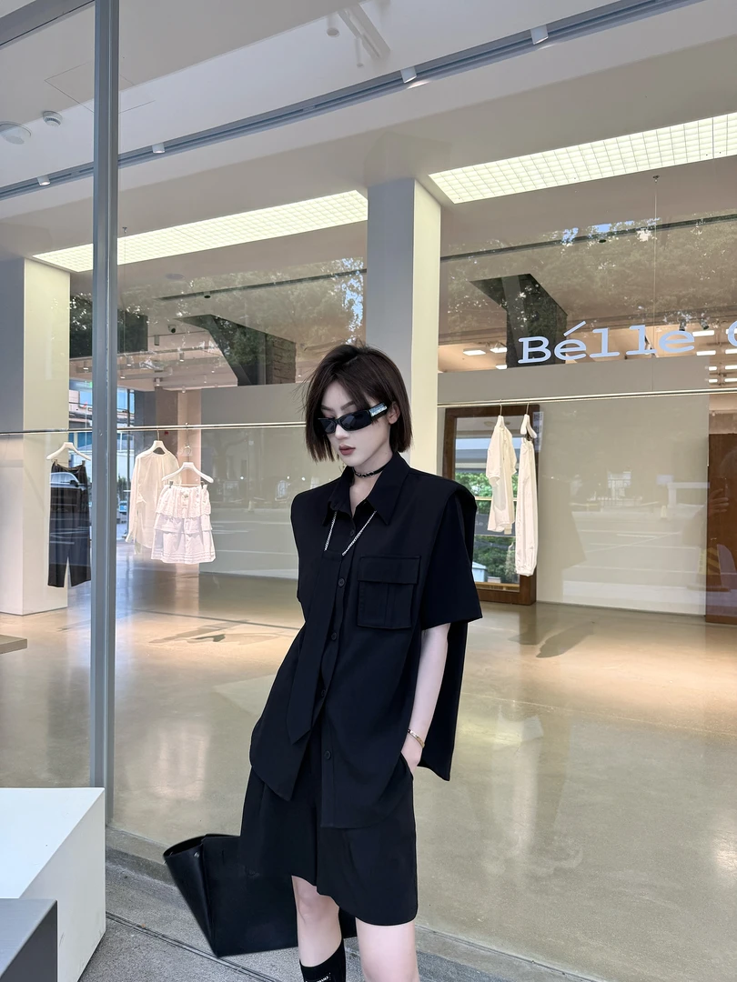 邓蕾婷【街头魅力】夏季新款气质短袖领带上衣百搭时尚休闲短裤套装