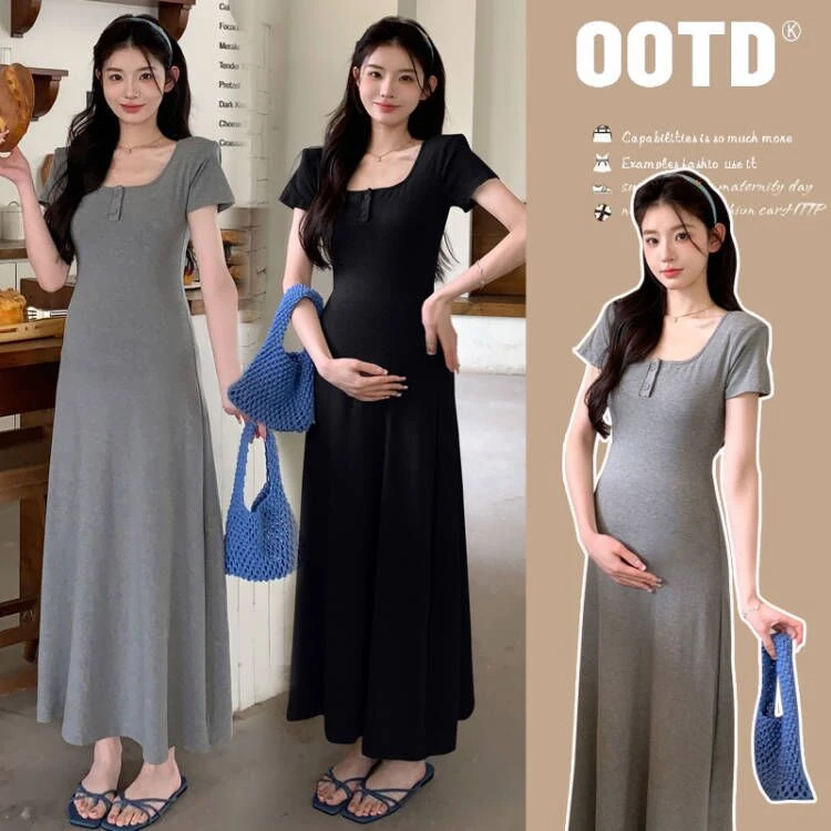 时髦孕妇装新款夏季法式舒适针织长裙高端精致梨形身材时尚连衣裙