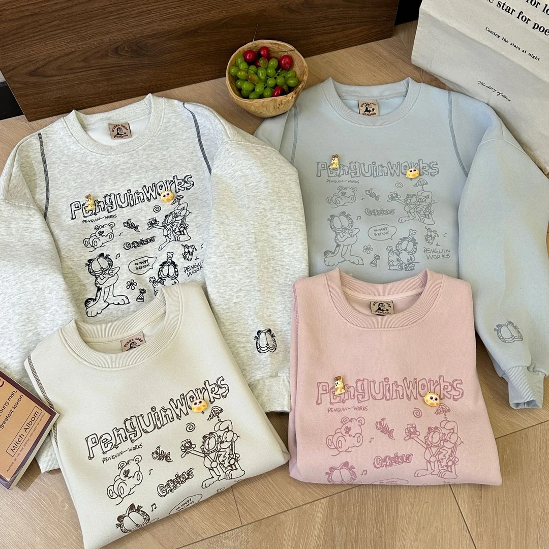 0229【春季新款】线条绣大胖猫麻丝线拼接韩版卡通圆领卫衣