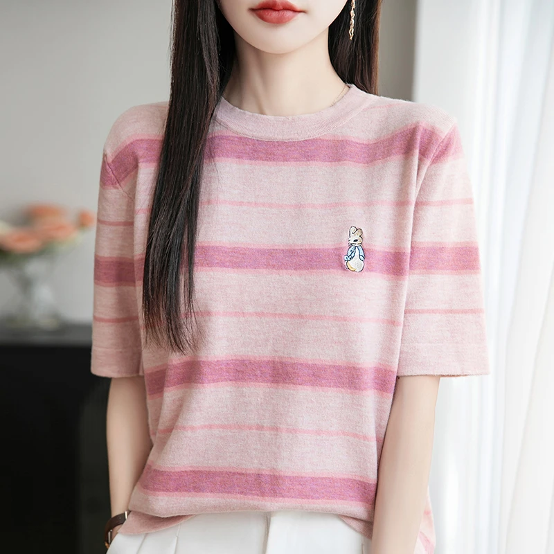 夏季女装条纹半袖针织短袖t恤女新款设计感小众上衣夏天