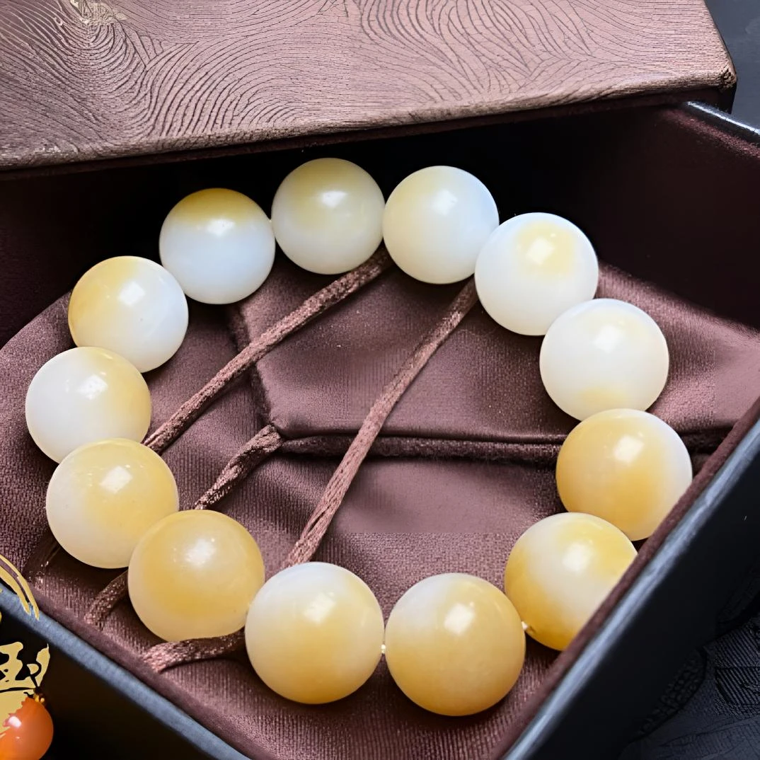 新疆和田玉且末料糖白手串圆珠16mm手链男款