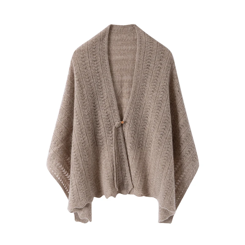 秋冬镂空女衫保暖钩花宽松型盘扣针织羊绒衫纯色百搭披肩时尚斗篷