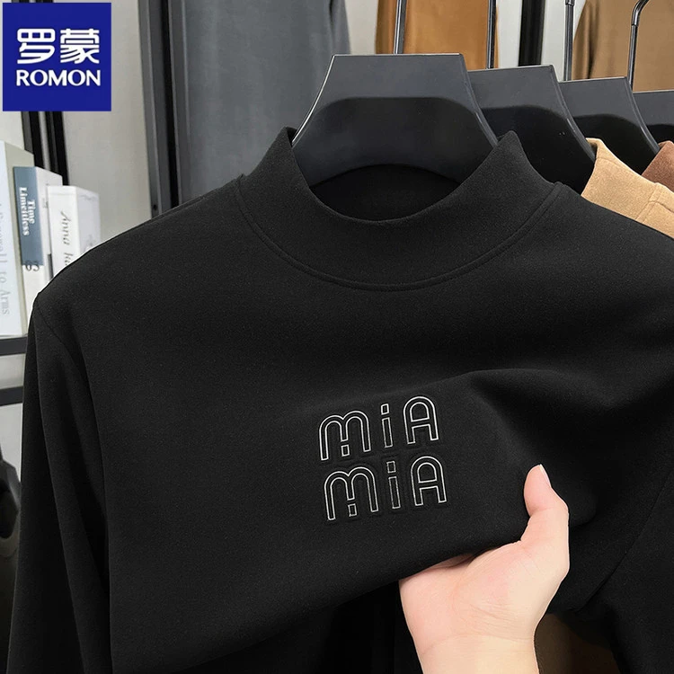 罗蒙秋冬季德绒长袖t恤男士半高领中青年时尚潮流保暖打底T恤衫