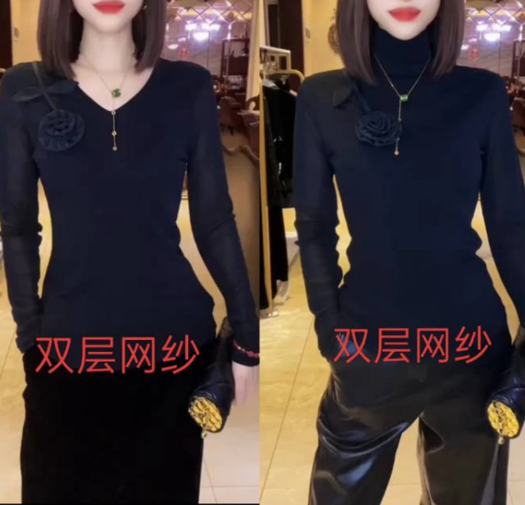 韩版显瘦双层网花朵长袖打底衫