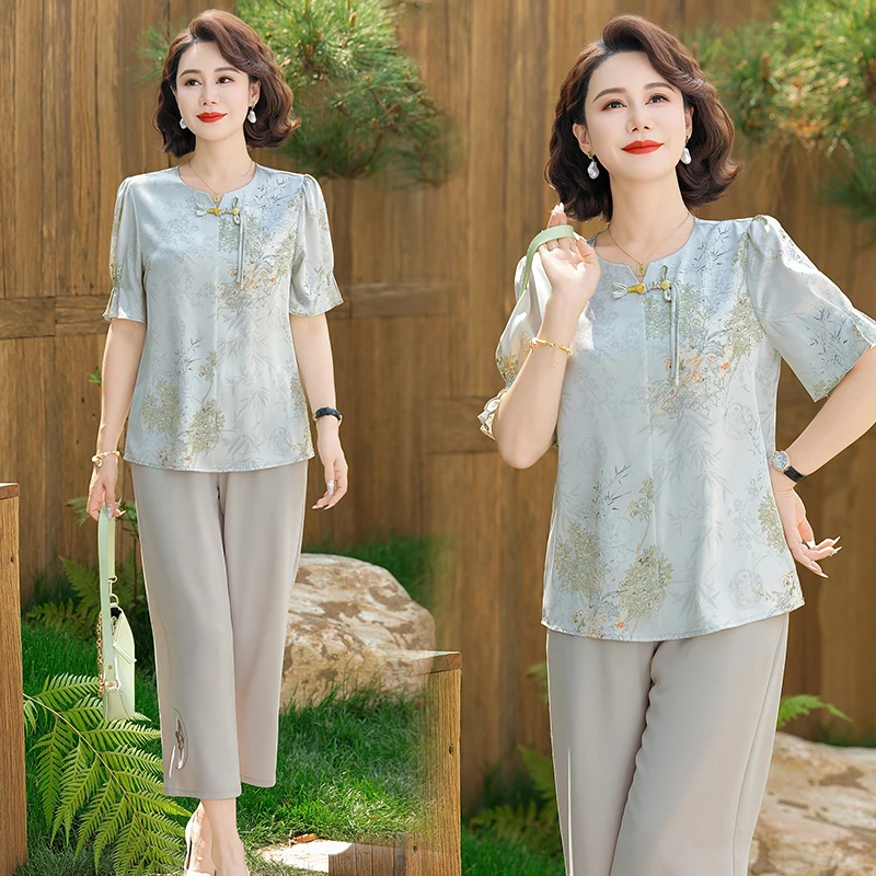 2025年新款妈妈夏装两件套套装薄款中老年女上衣时尚aa6653