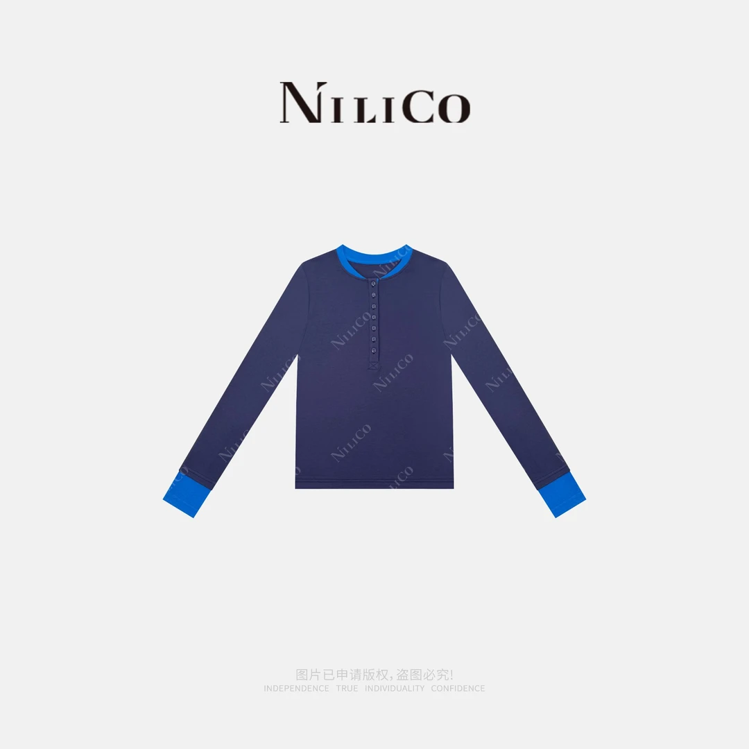 NILICO【听海】假两件撞色拼接修身显瘦长袖亨利领T恤