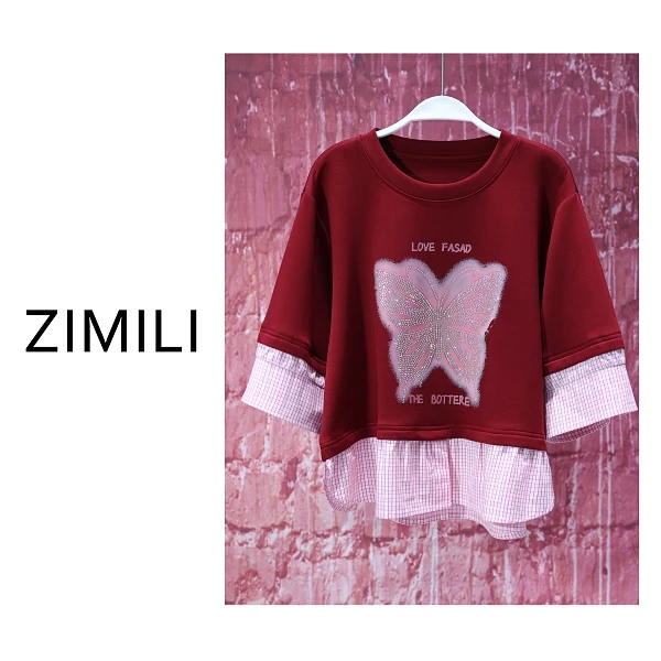 【亮哥女装】2025安可拉红拼接衬衫蝴蝶印花烫钻衬衫短袖8750